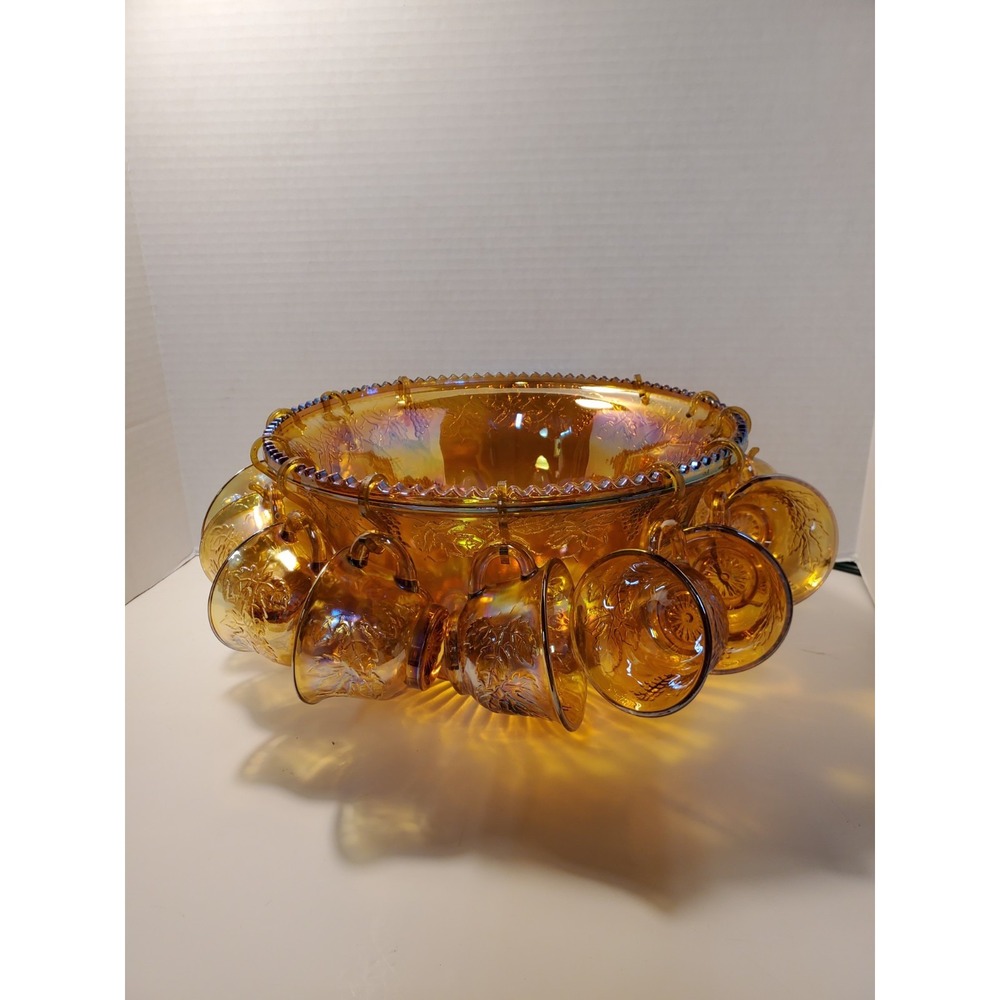 Vtg. Indiana Glass Harvest Grape Amber Marigold Punch Bowl With 12 Cups/Hooks